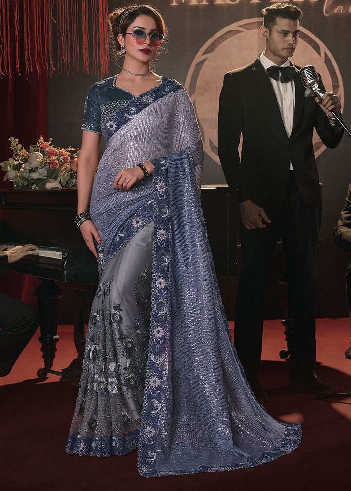 Shades Of Blue Digital Net Saree with Thread,Sequence,Zarkan,Moti and Flower Applique work