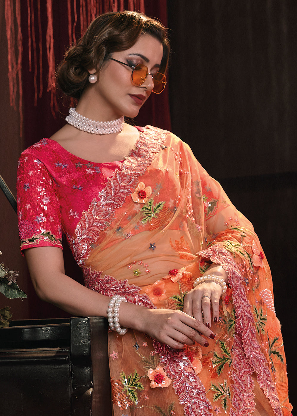 Shades Of Orange Digital Net Saree with Thread, Sequence,Zarkan,Moti and Flower Applique work