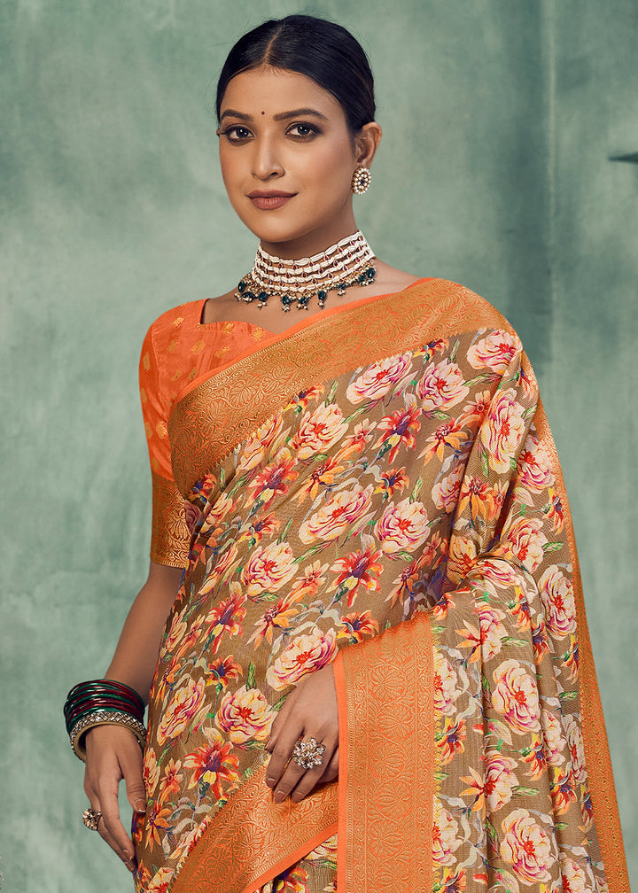 Shades Of Orange Digital Printed Tissue Silk Saree