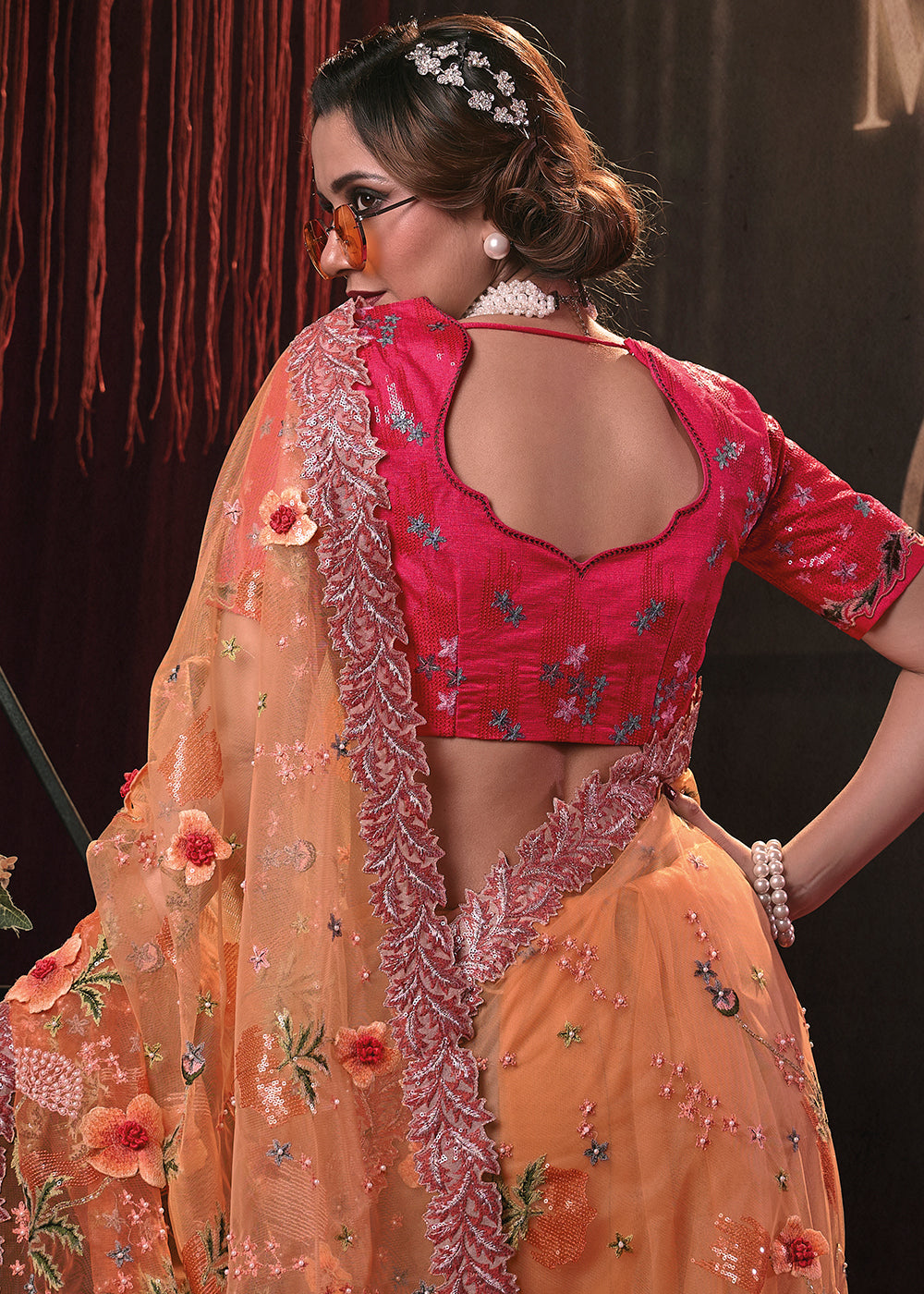 Shades Of Orange Digital Net Saree with Thread, Sequence,Zarkan,Moti and Flower Applique work