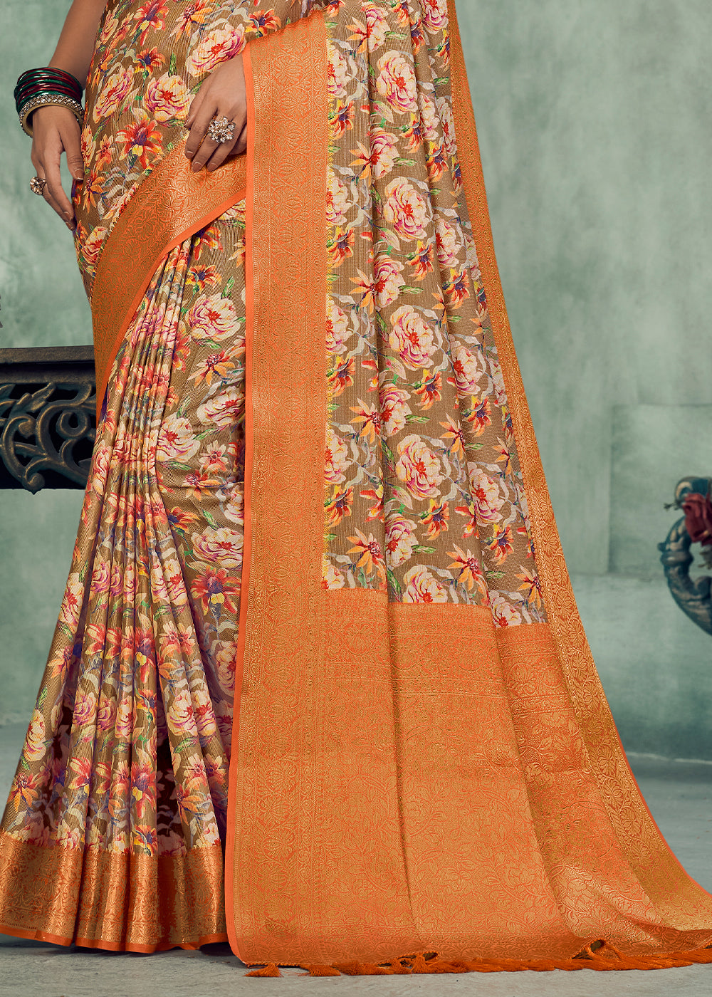 Shades Of Orange Digital Printed Tissue Silk Saree