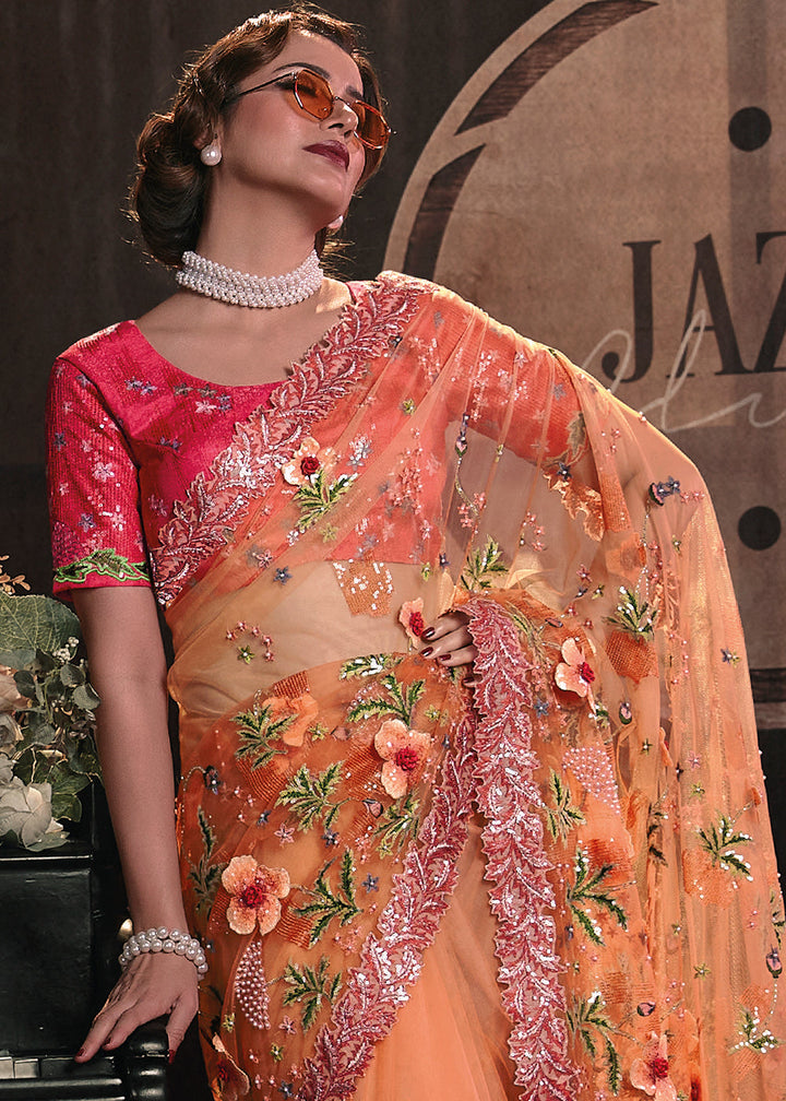 Shades Of Orange Digital Net Saree with Thread, Sequence,Zarkan,Moti and Flower Applique work