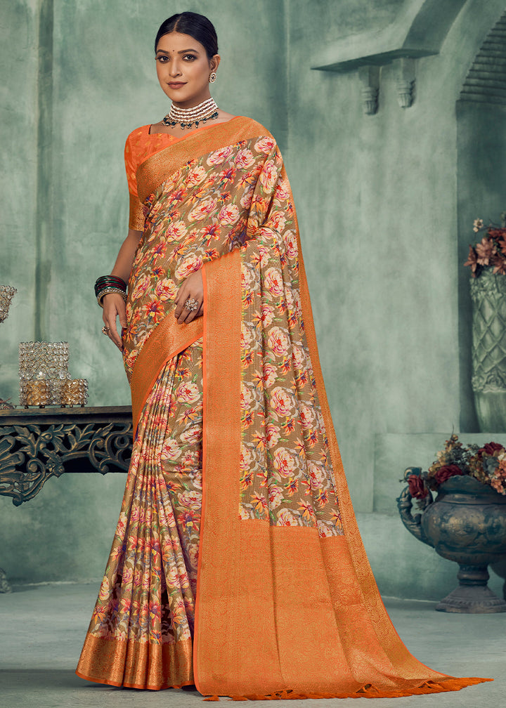 Shades Of Orange Digital Printed Tissue Silk Saree