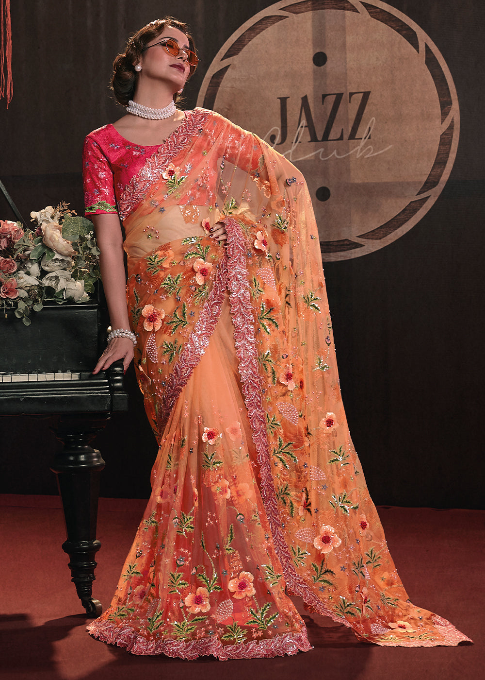 Shades Of Orange Digital Net Saree with Thread, Sequence,Zarkan,Moti and Flower Applique work