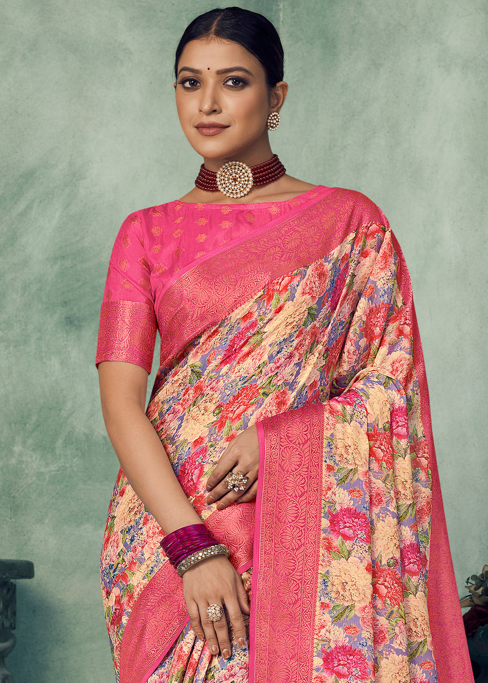 Shades Of Pink Digital Printed Tissue Silk Saree