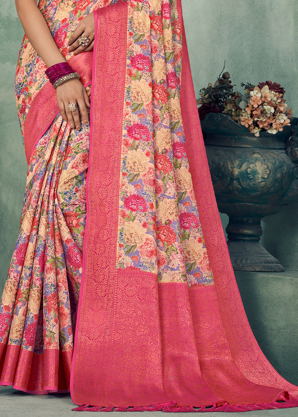 Shades Of Pink Digital Printed Tissue Silk Saree