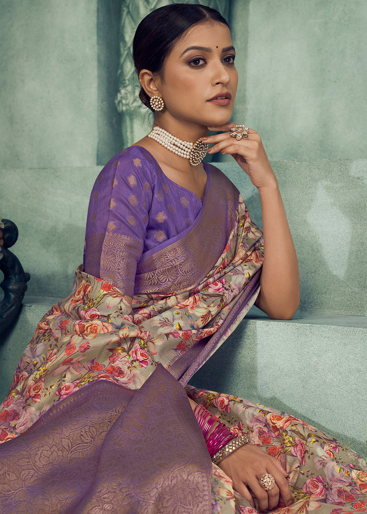 Shades Of Purple Digital Printed Tissue Silk Saree