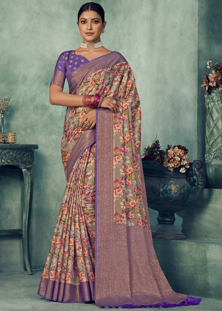 Shades Of Purple Digital Printed Tissue Silk Saree