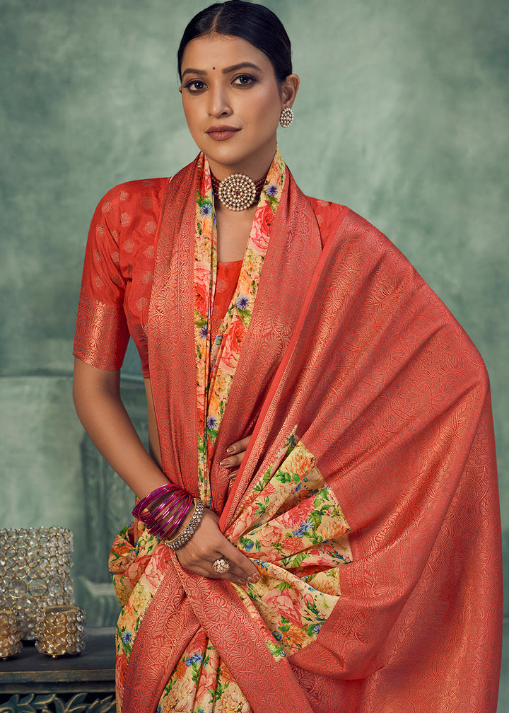 Red & Yellow Digital Printed Tissue Silk Saree