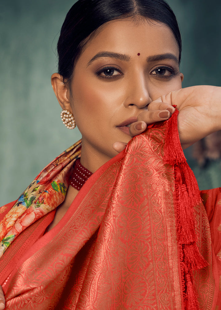 Red & Yellow Digital Printed Tissue Silk Saree