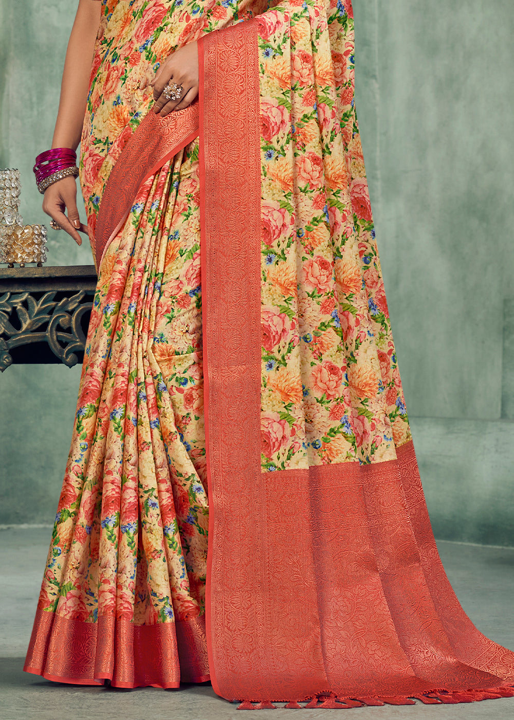 Red & Yellow Digital Printed Tissue Silk Saree