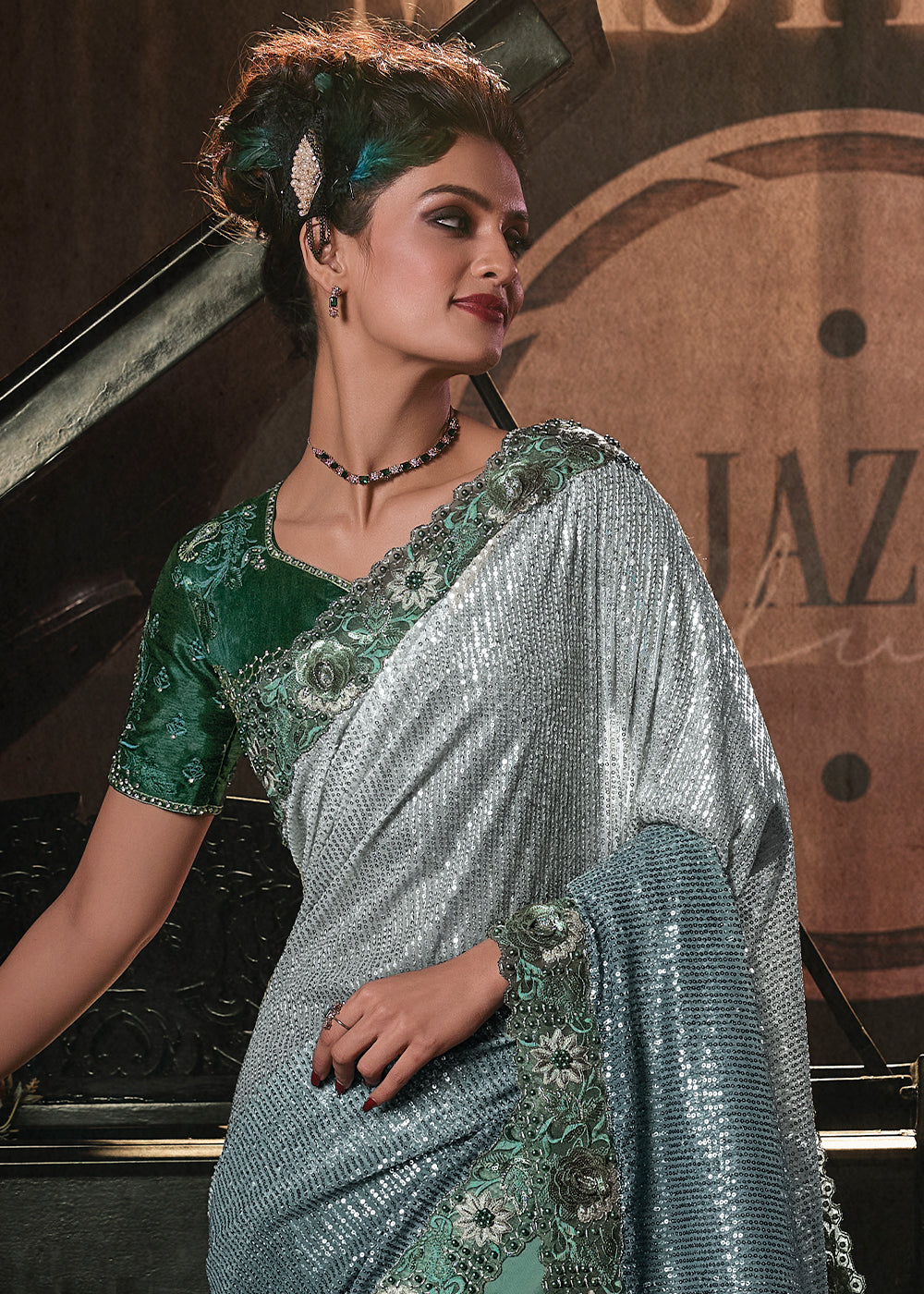 Shades Of Green Digital Net Saree with Thread, Sequence,Zarkan,Moti and Flower Applique work