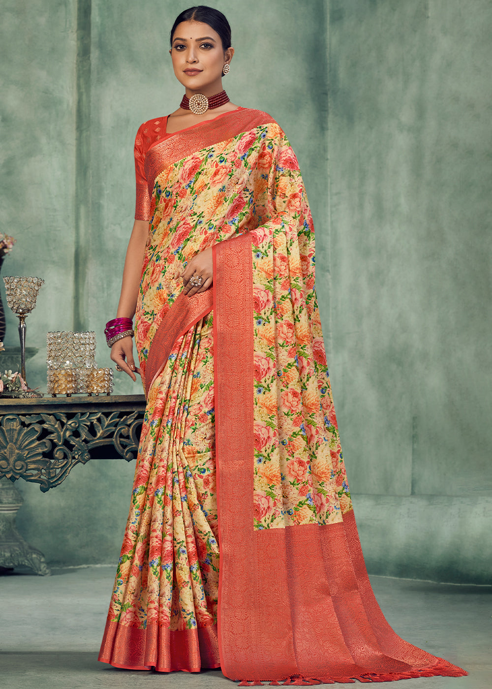 Red & Yellow Digital Printed Tissue Silk Saree