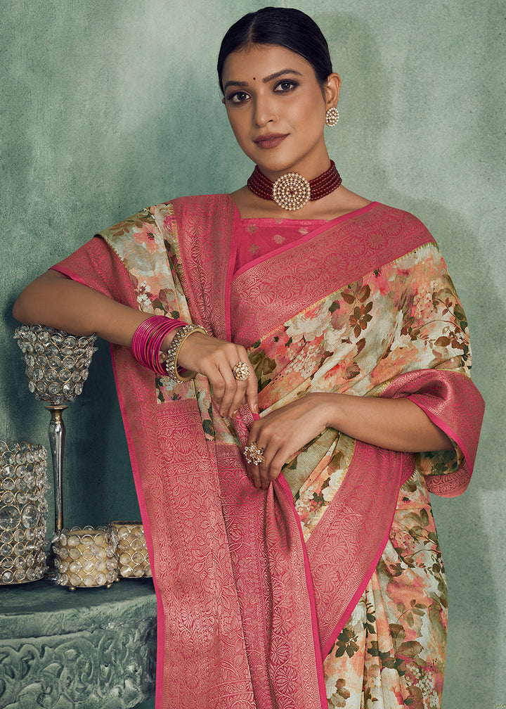 White & Pink Digital Printed Tissue Silk Saree