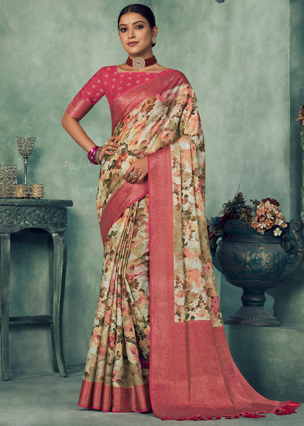 White & Pink Digital Printed Tissue Silk Saree