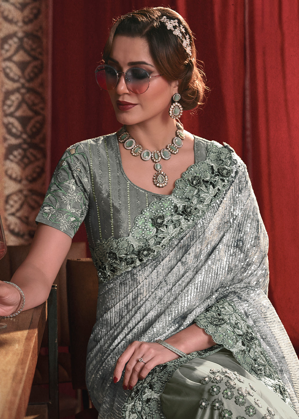 Tea Green Digital Net Saree with Thread, Sequence,Zarkan,Moti and Flower Applique work