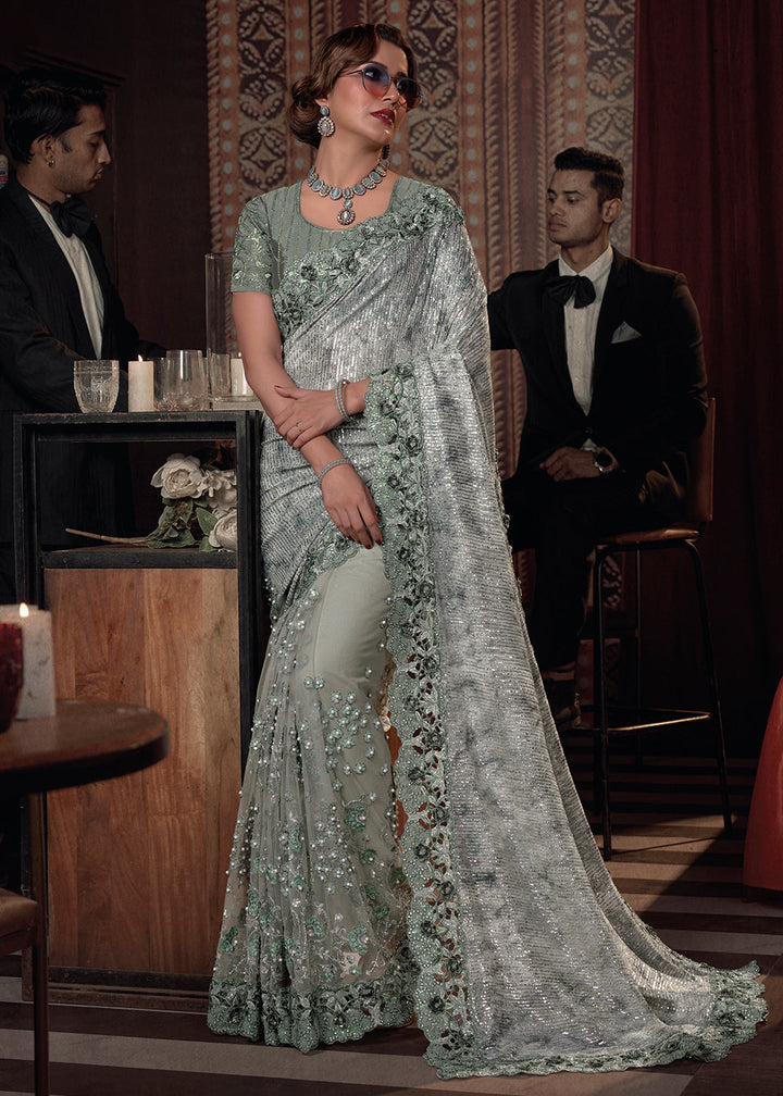 Tea Green Digital Net Saree with Thread, Sequence,Zarkan,Moti and Flower Applique work