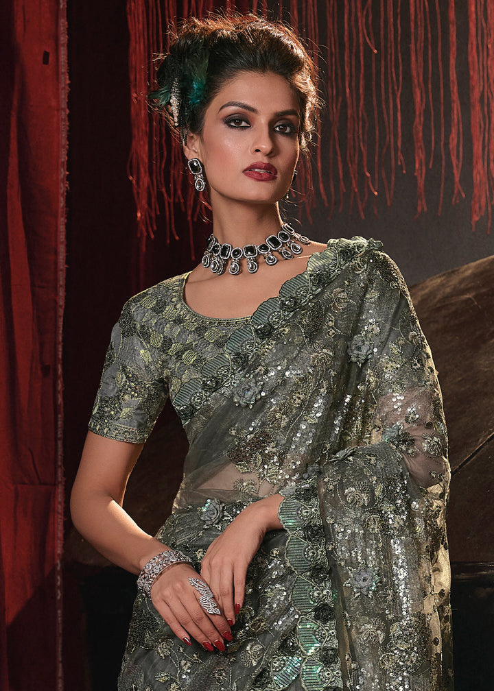 Mehendi Green Digital Net Saree with Sequence and Flower Applique work