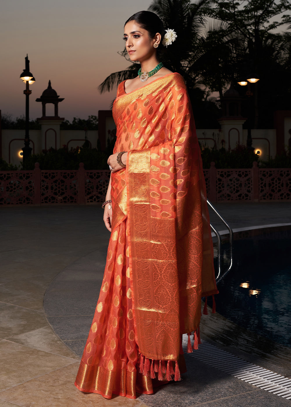 Neon Orange Woven Organza Saree