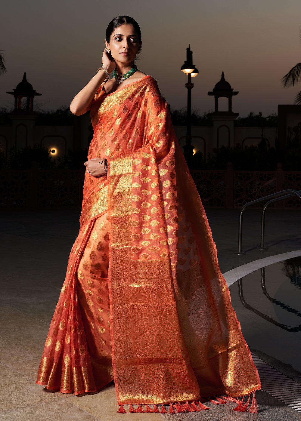 Neon Orange Woven Organza Saree