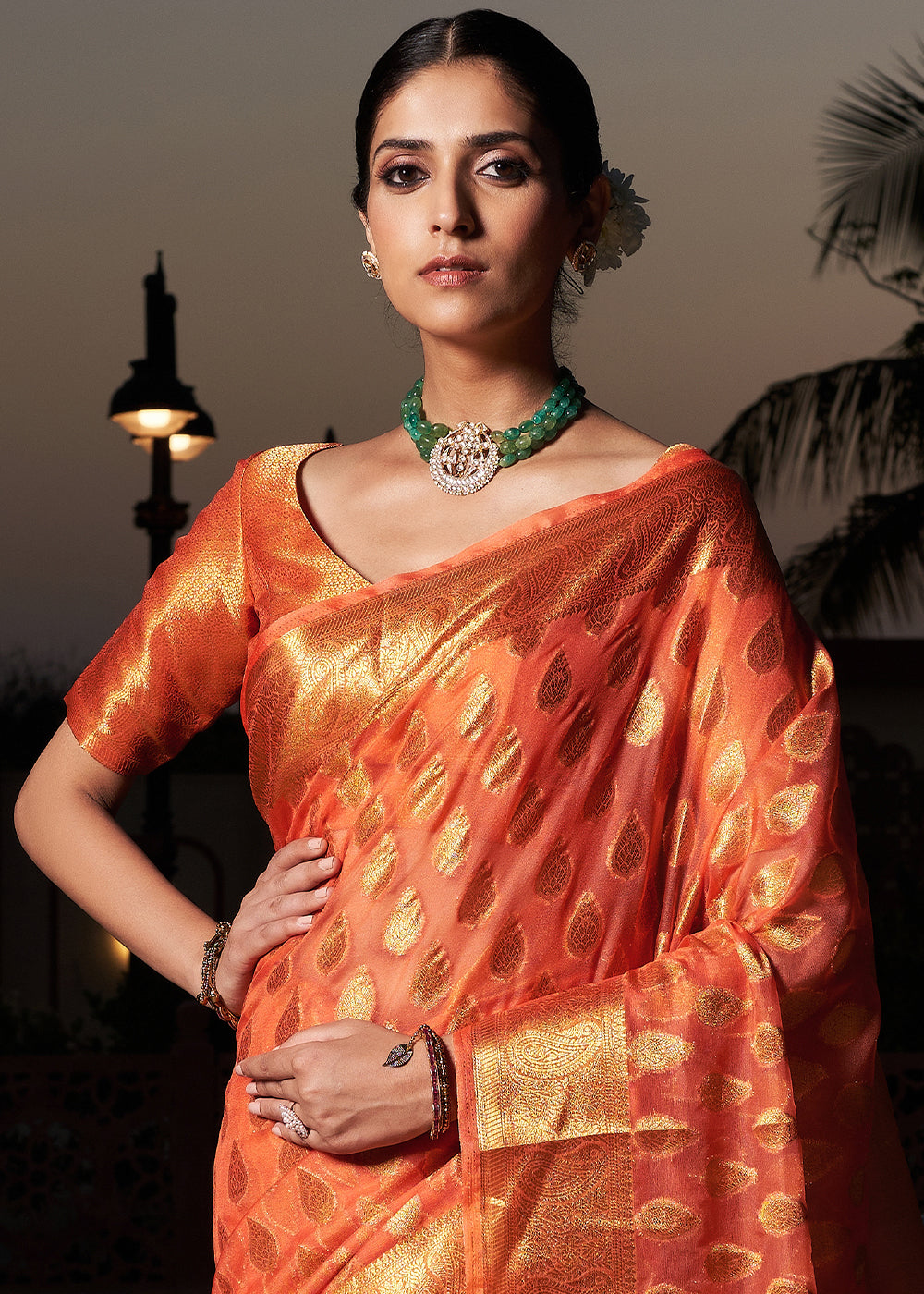 Neon Orange Woven Organza Saree