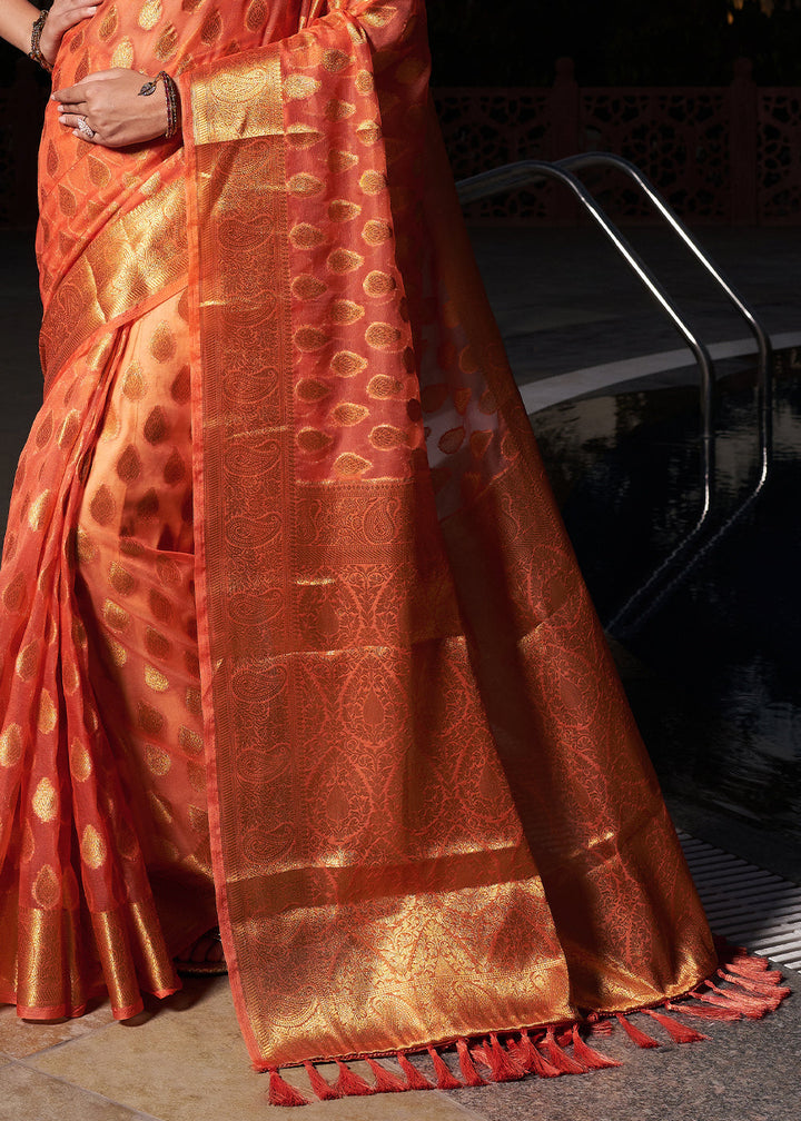 Neon Orange Woven Organza Saree