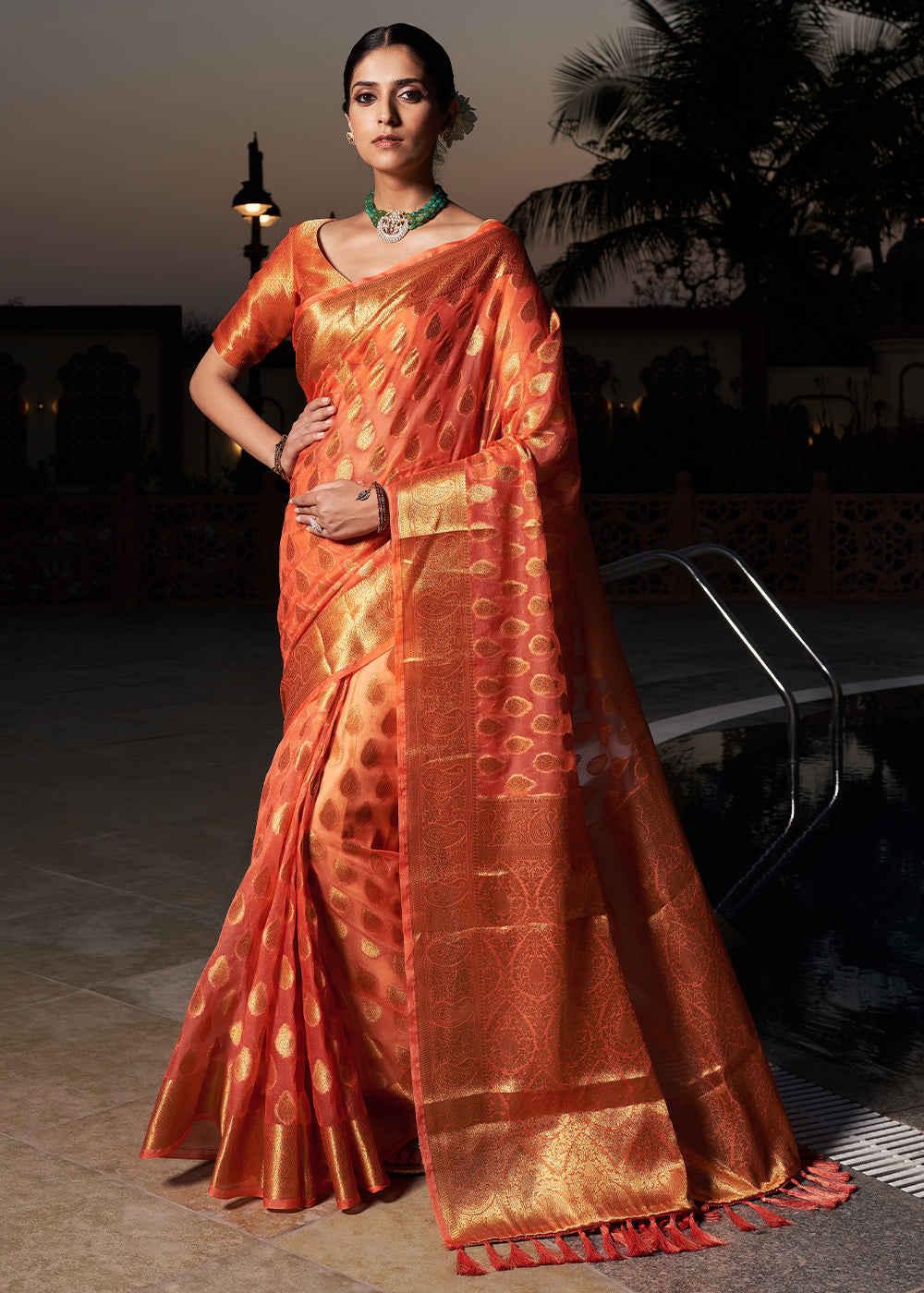 Neon Orange Woven Organza Saree