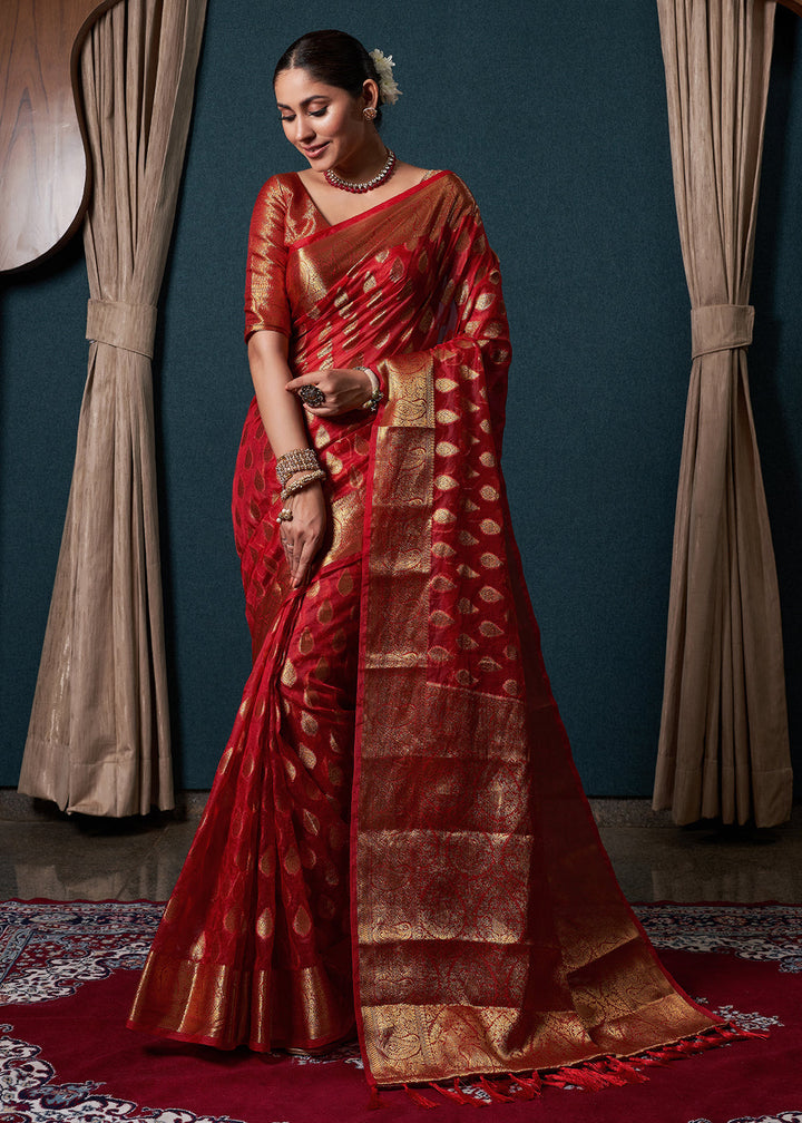 Crimson Red Woven Organza Saree