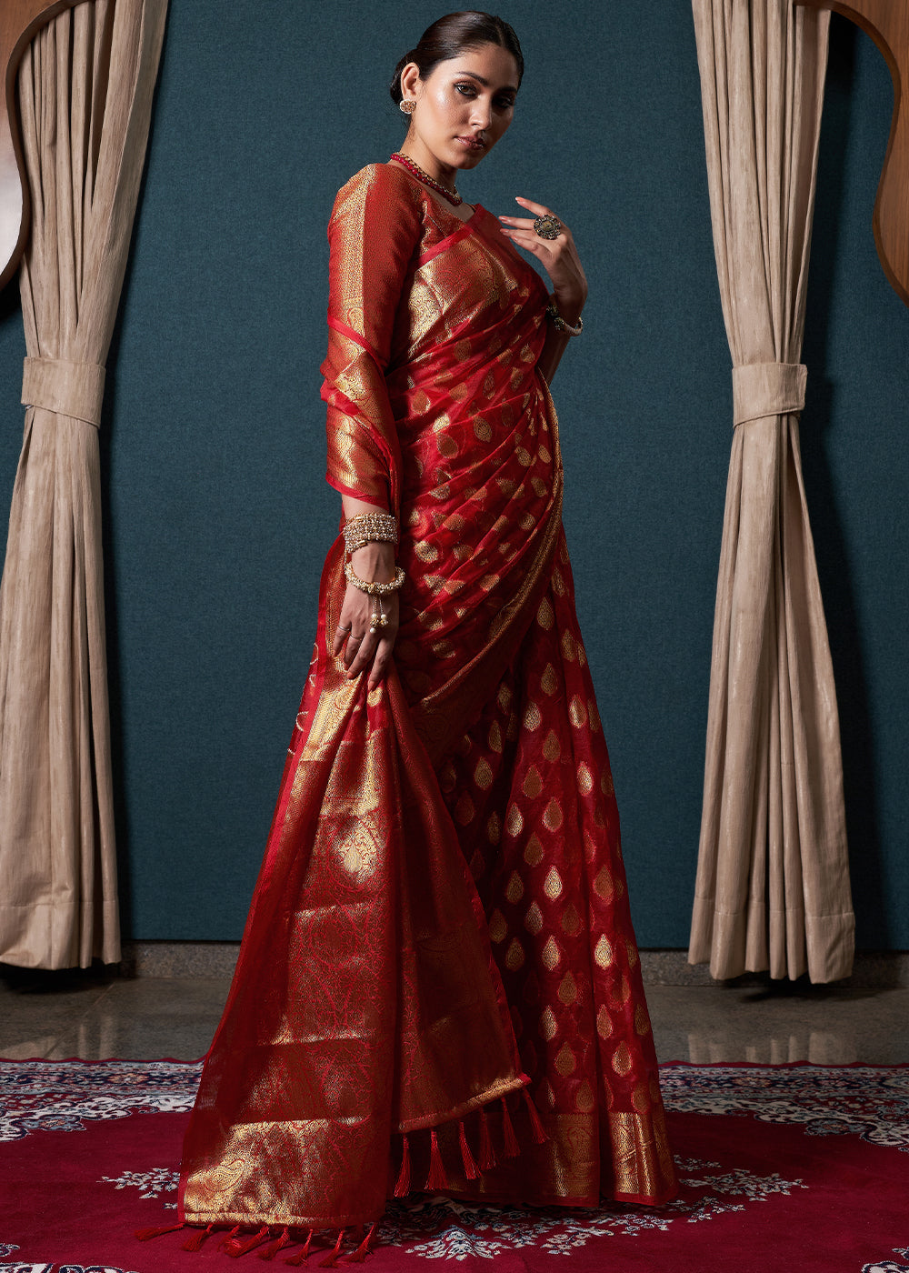 Crimson Red Woven Organza Saree