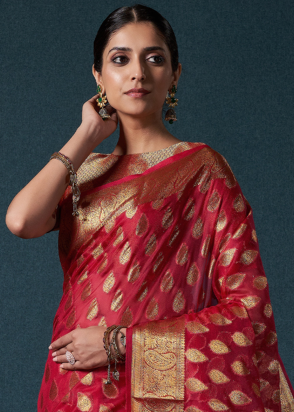 Crimson Red Woven Organza Saree