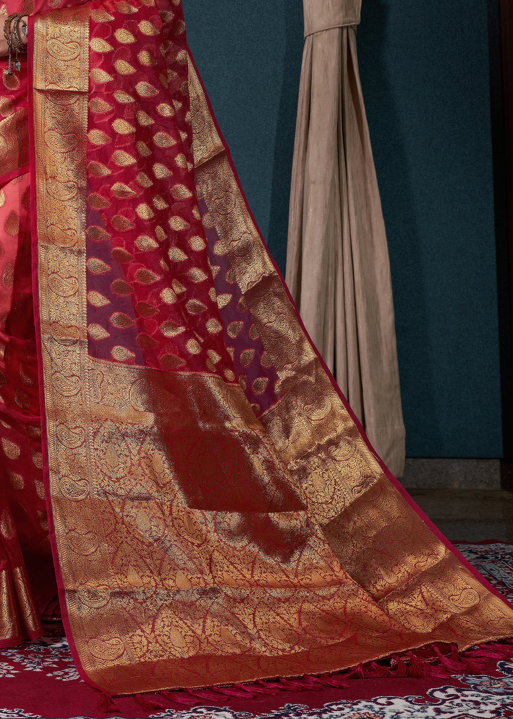 Crimson Red Woven Organza Saree