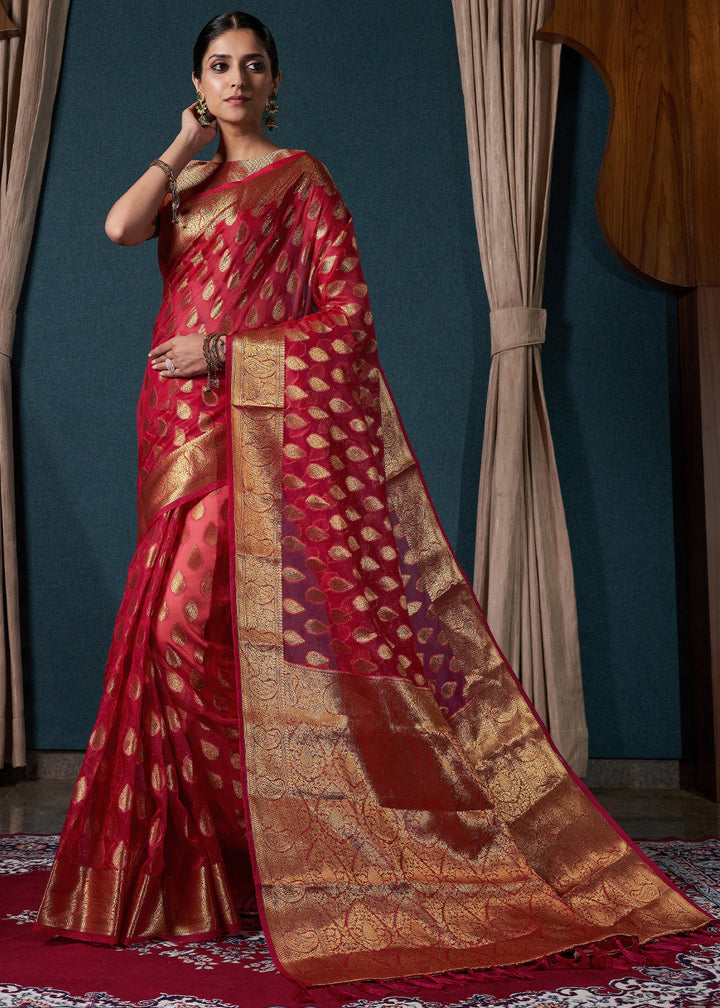 Crimson Red Woven Organza Saree