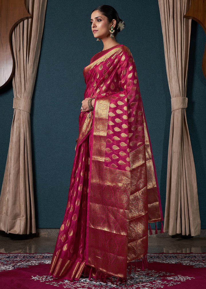 Magenta Pink Woven Organza Saree