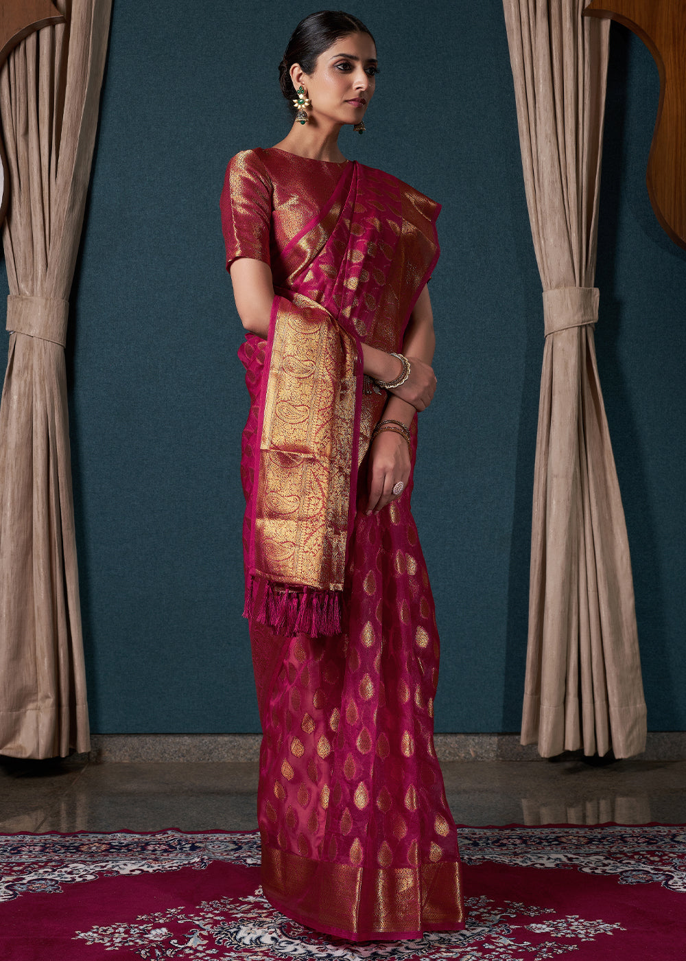 Magenta Pink Woven Organza Saree