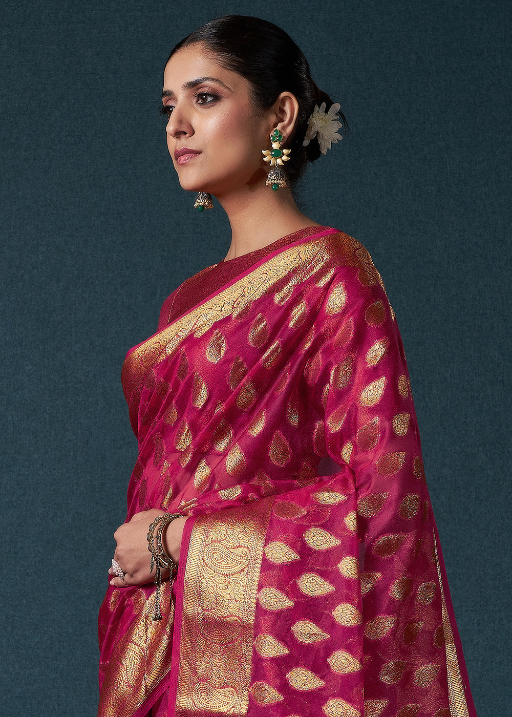 Magenta Pink Woven Organza Saree