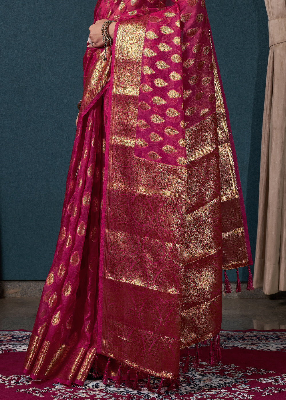 Magenta Pink Woven Organza Saree