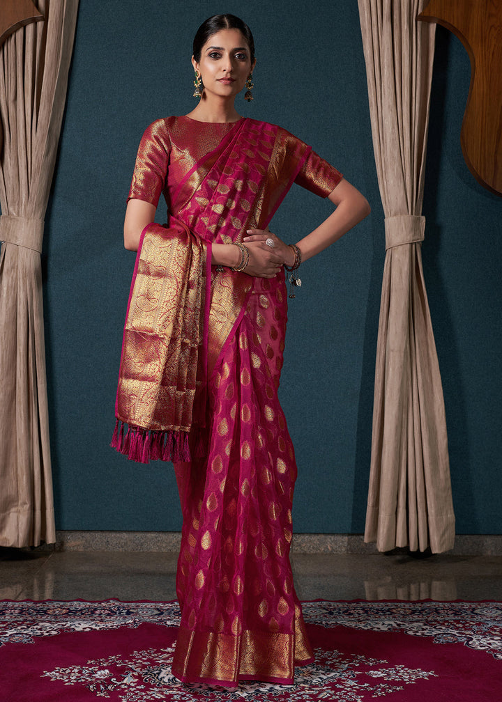 Magenta Pink Woven Organza Saree