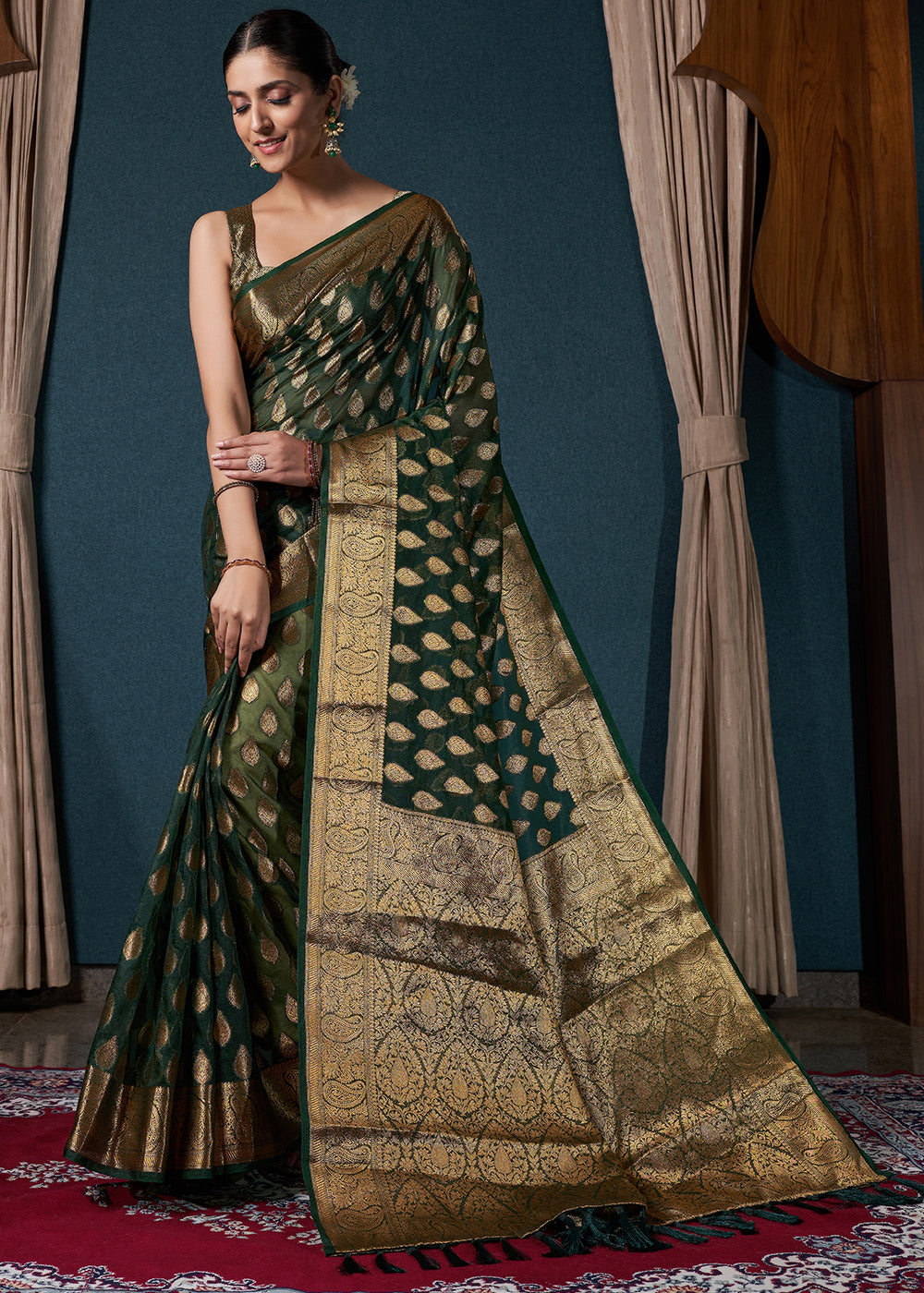 Bottle Green Woven Organza Saree