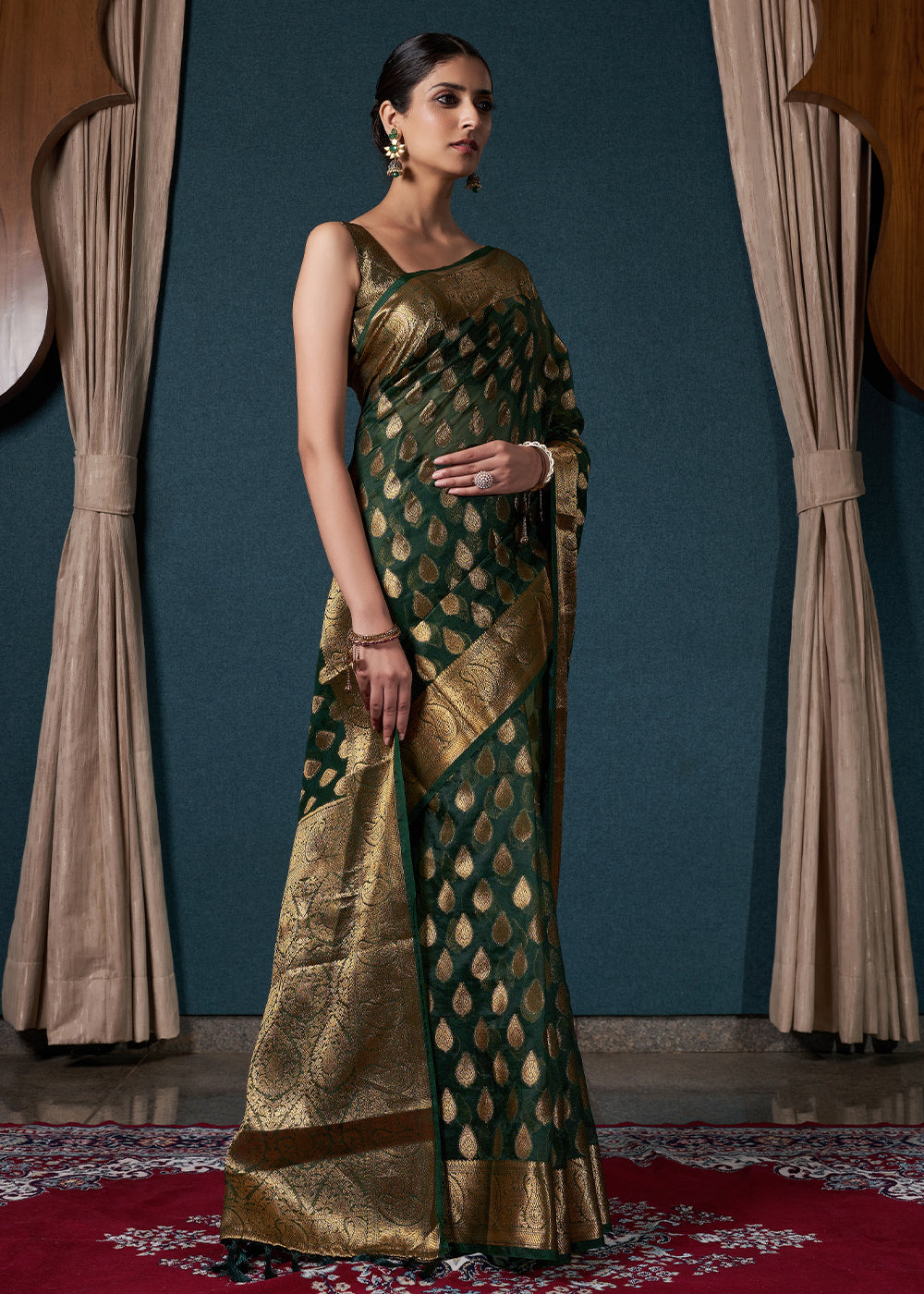 Bottle Green Woven Organza Saree