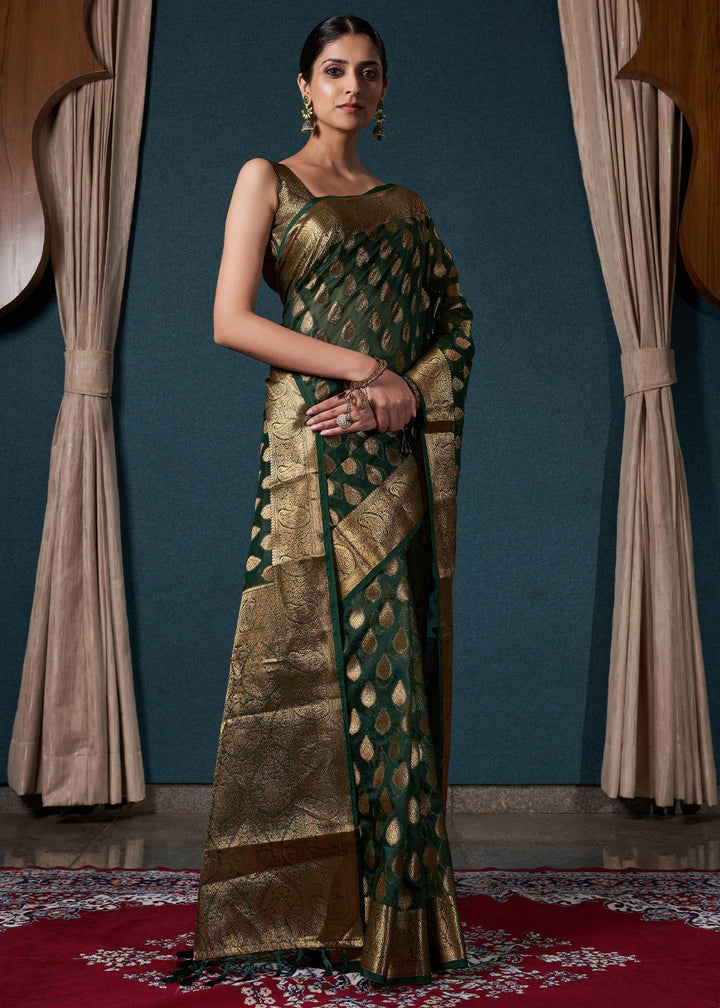 Bottle Green Woven Organza Saree