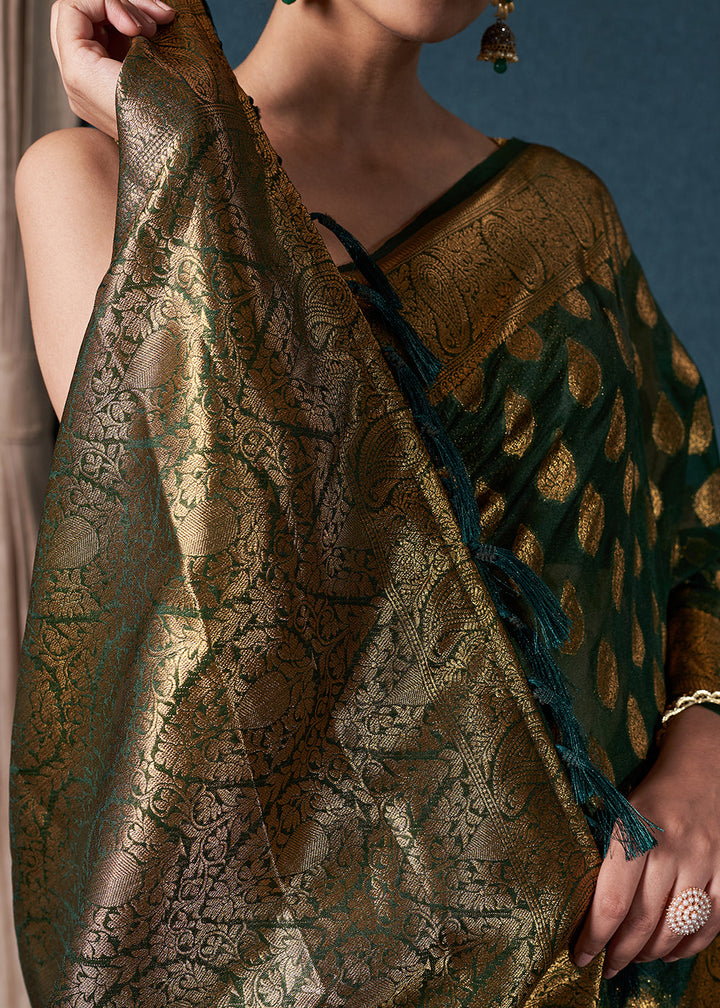 Bottle Green Woven Organza Saree