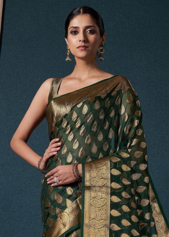 Bottle Green Woven Organza Saree