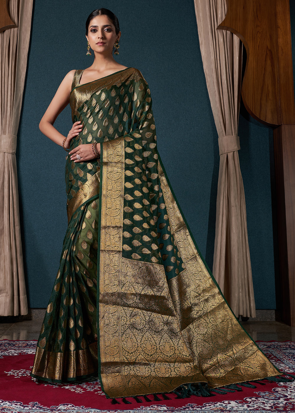 Bottle Green Woven Organza Saree