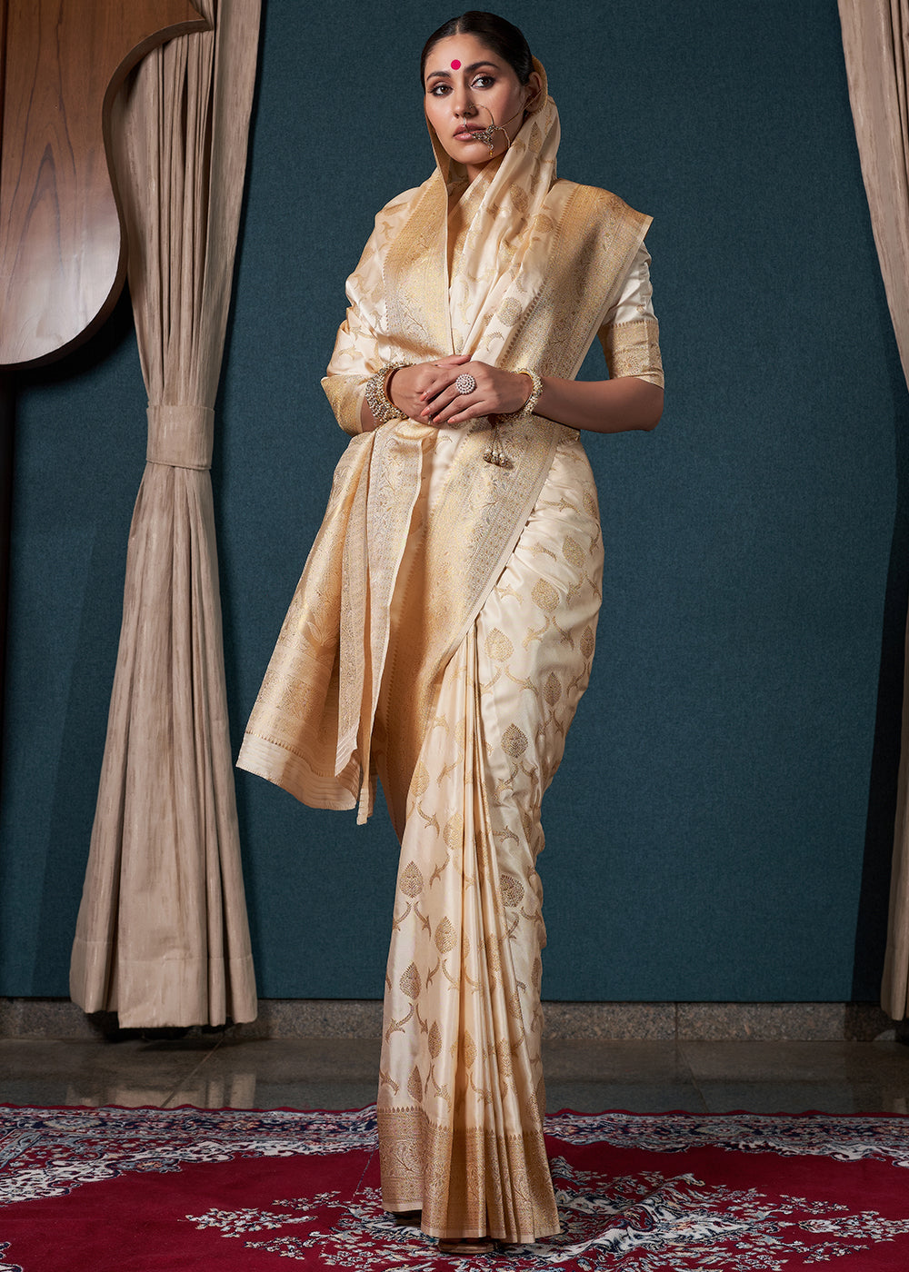 Beige Brown Zari Woven Satin Silk Saree