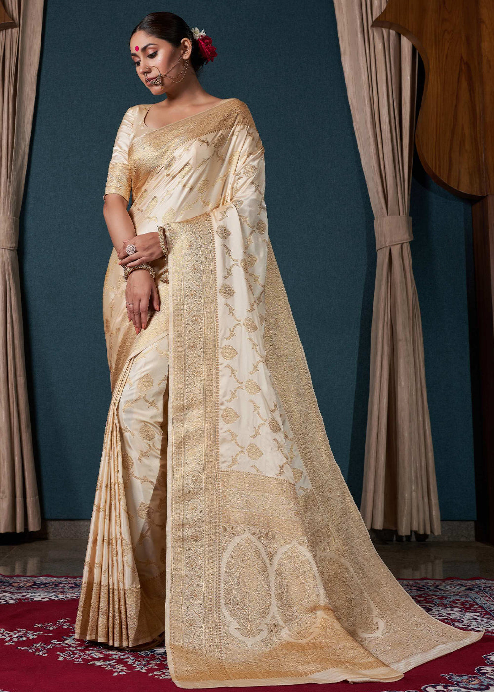 Beige Brown Zari Woven Satin Silk Saree