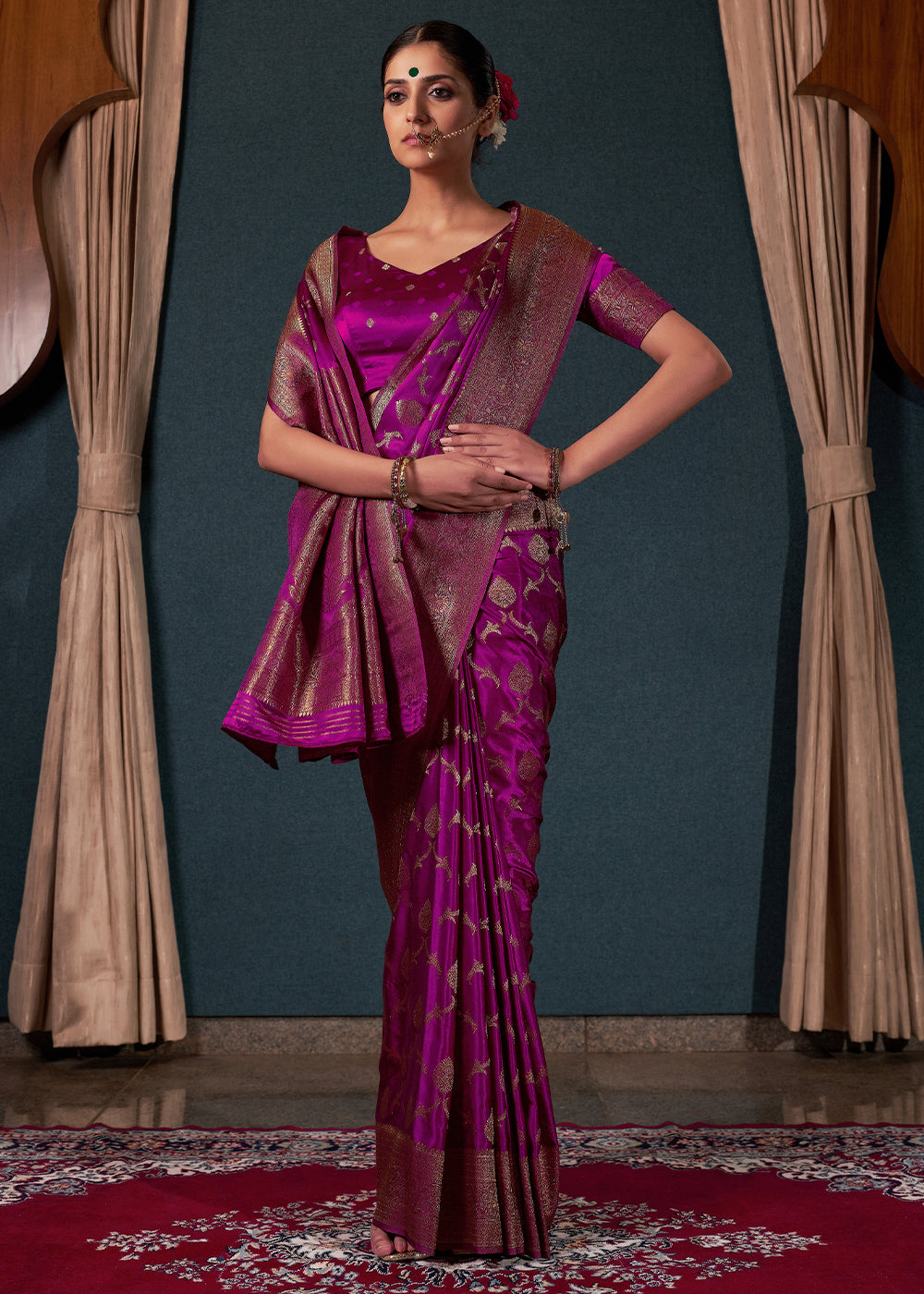 Mardi Gras Purple Zari Woven Satin Silk Saree