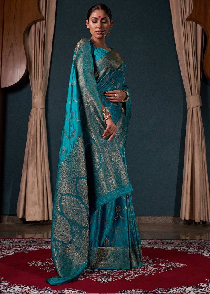 Star Command Blue Zari Woven Satin Silk Saree