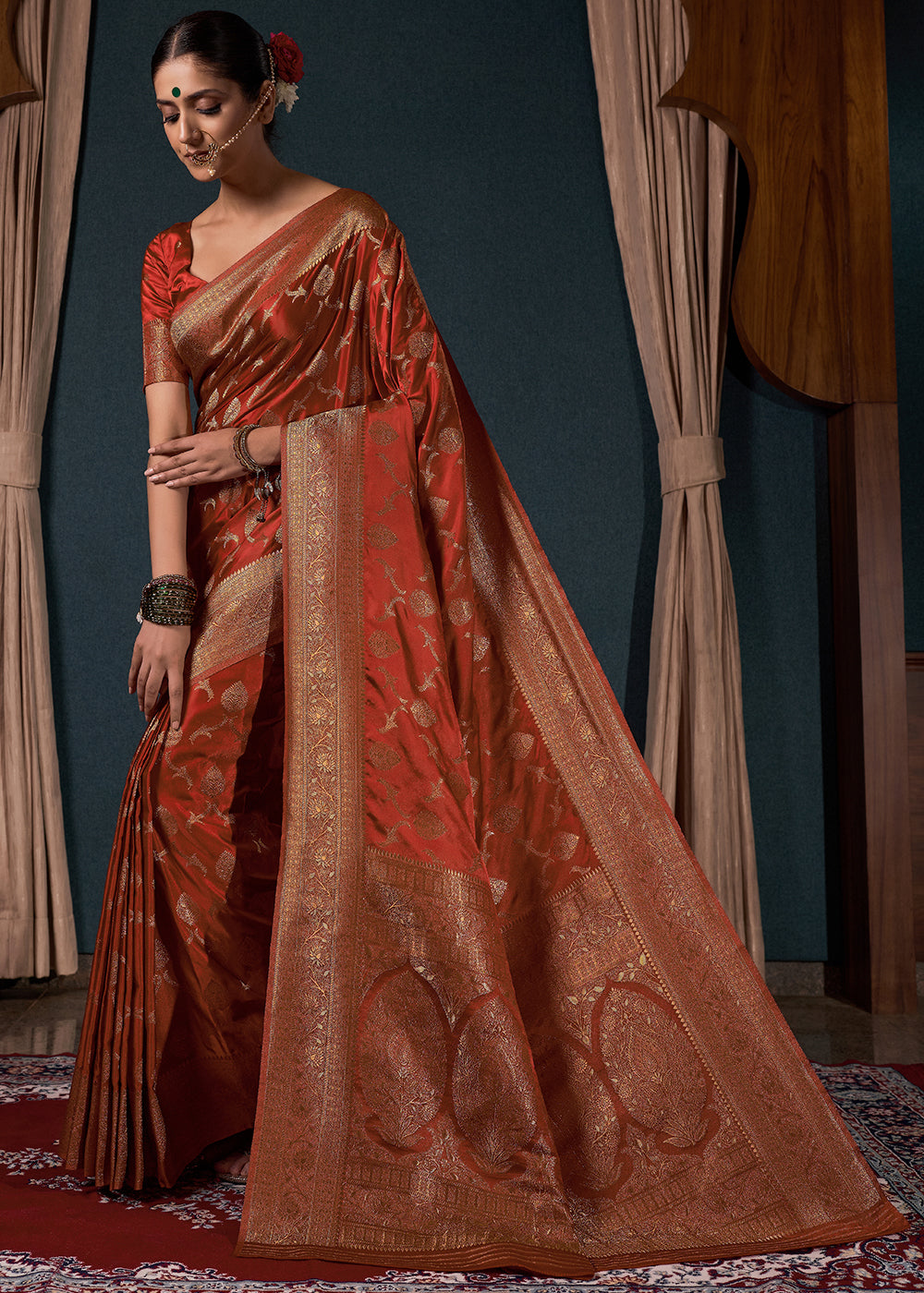 Sienna Brown Zari Woven Satin Silk Saree