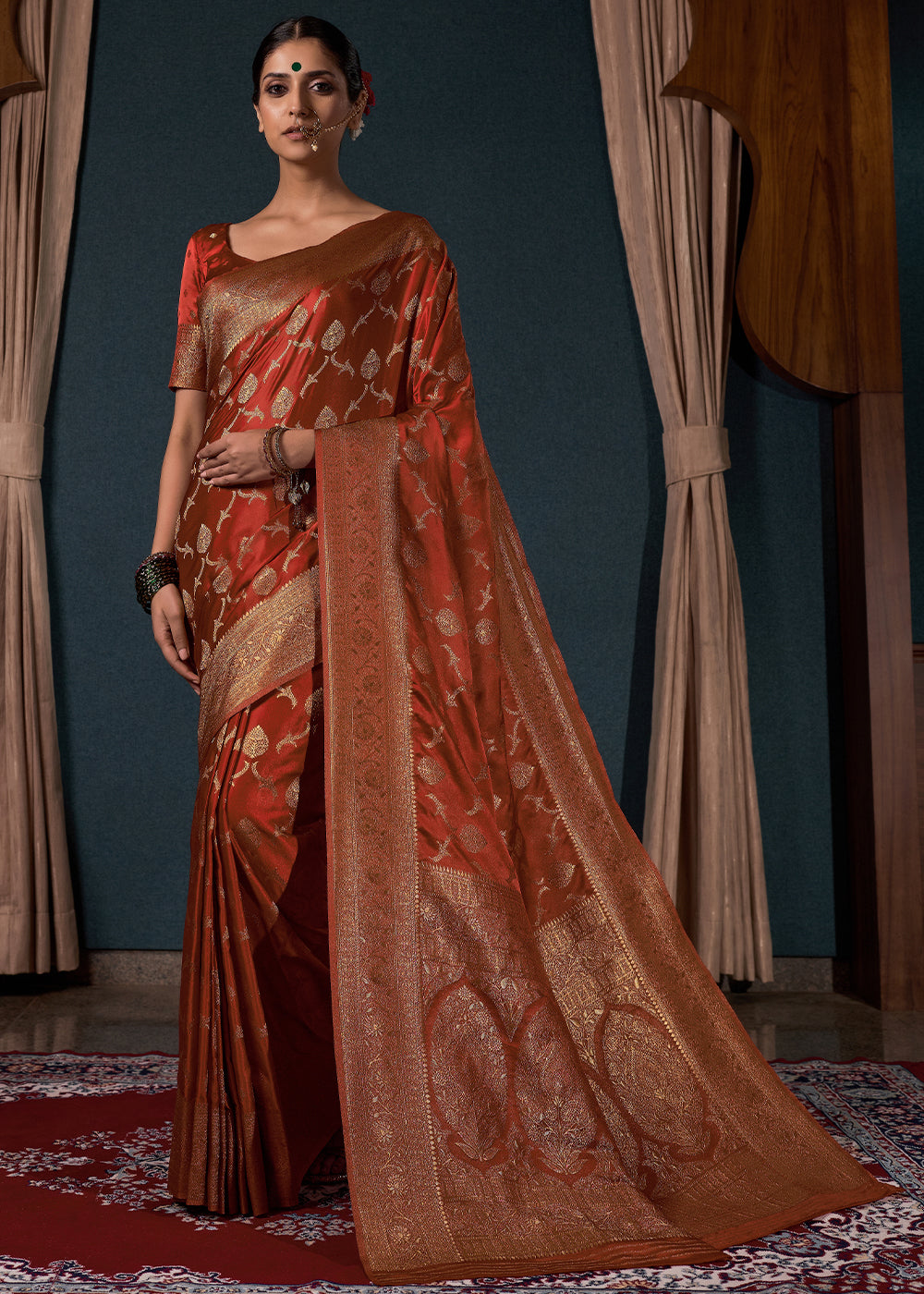 Sienna Brown Zari Woven Satin Silk Saree