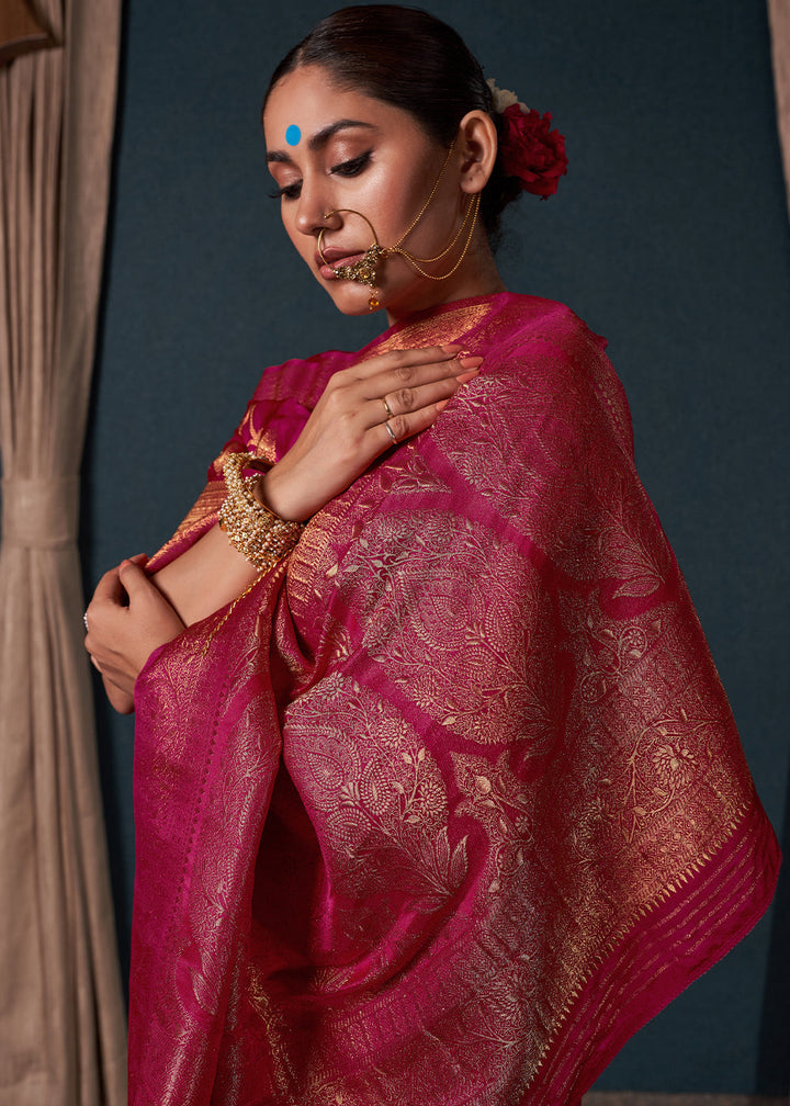 Hot Pink Zari Woven Satin Silk Saree